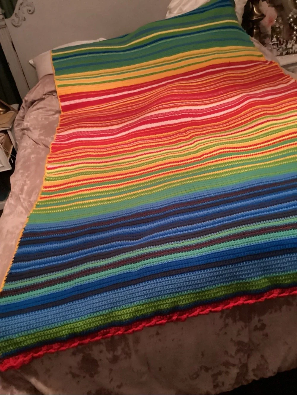 Multicolor Striped Crochet Bed Throw - Rainbow Colors 57” x 88”